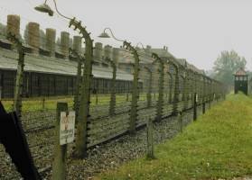 The perimeter fence at the main entrance of Aushwitz